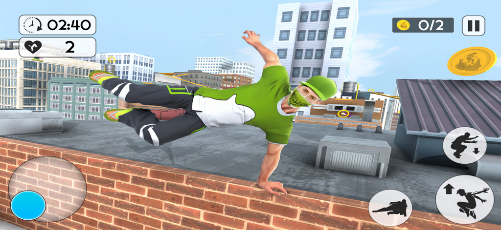 Rooftop Backflip Parkour Games - Character performing a parkour stunt on a city rooftop in the Rooftop Backflip Parkour Games