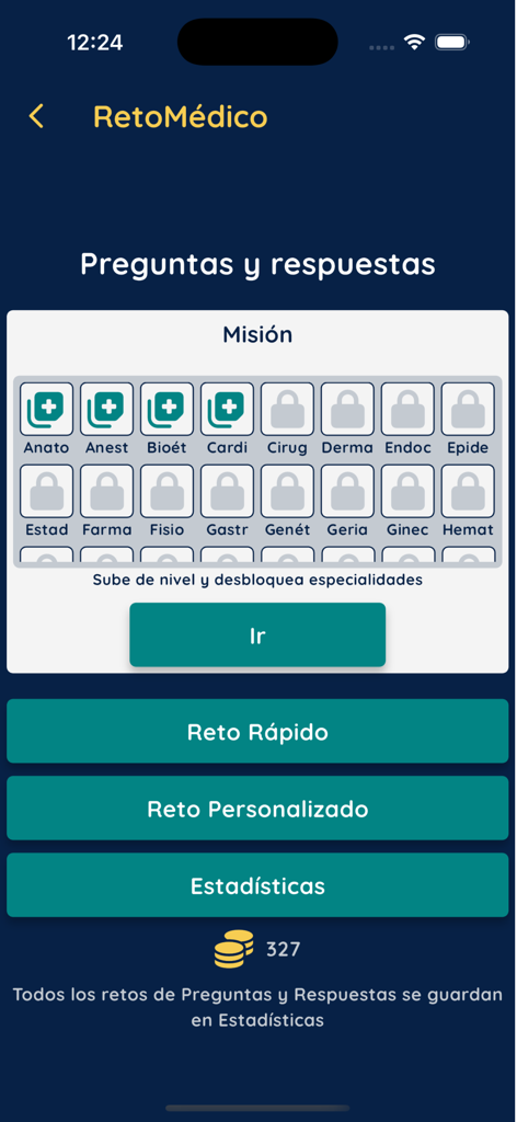 RetoMedico - Captura de pantalla de la aplicación RetoMedico que muestra una cuadrícula de misiones de especialidades médicas y opciones de desafío.