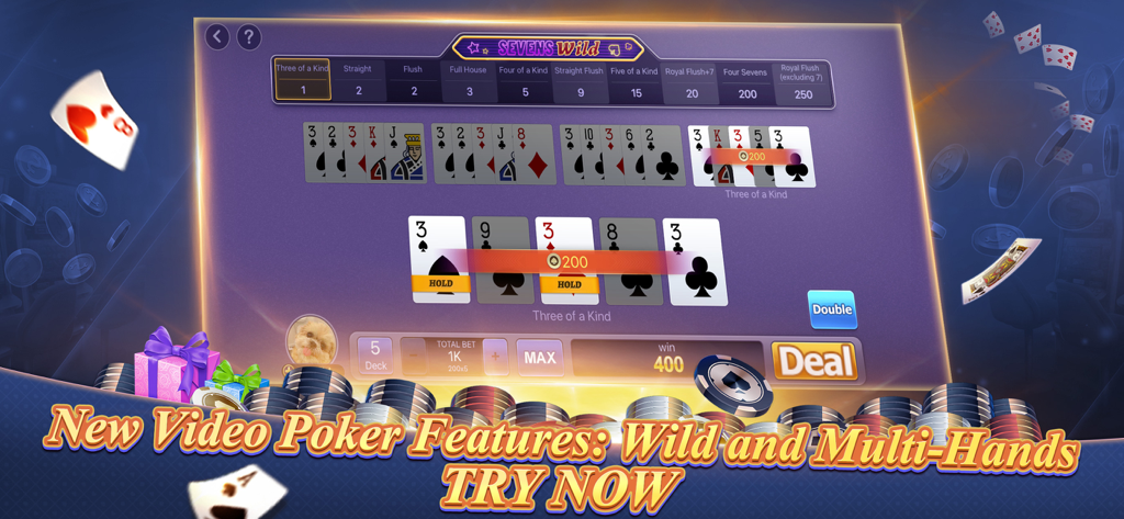 Gameplay de vidéo poker Texas Poker EN montrant les fonctionnalités Sevens Wild et multi-mains