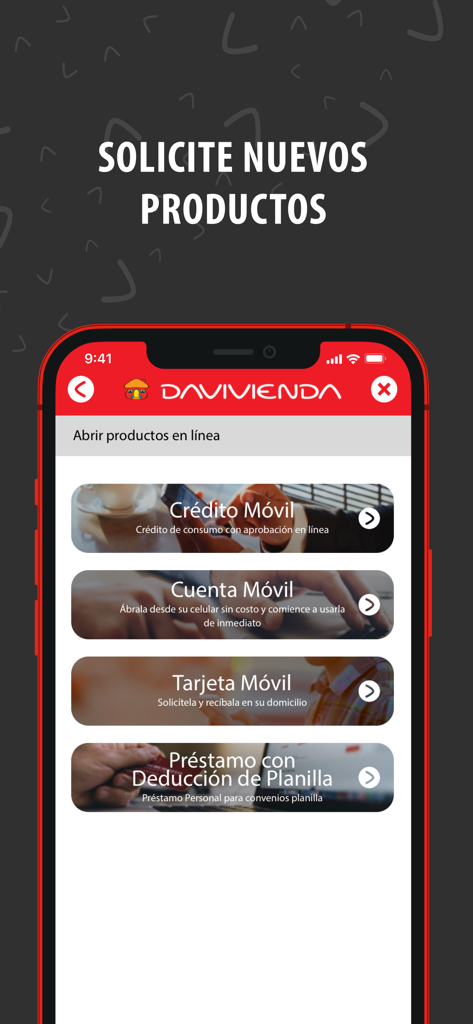 Davivienda Costa Rica - Interfaz de la app Davivienda Costa Rica mostrando opciones para solicitar crédito móvil, cuentas móviles y tarjetas en línea.