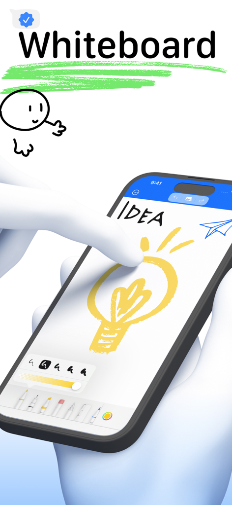 Hand sketching a lightbulb idea on the Casual Whiteboard app interface on an iPhone