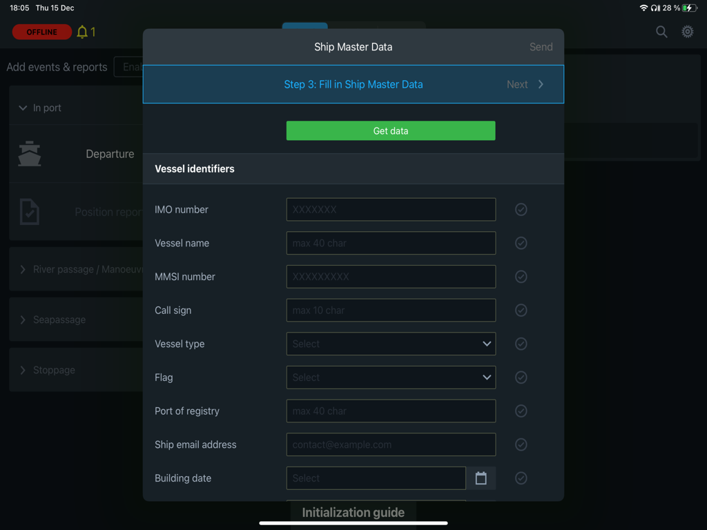 Wartsila SmartLog Eingabeformular für Schiffstammdaten für Schiffsidentifikatoren