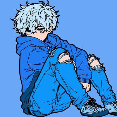 a male hoddie ripped jeans messy hair anime