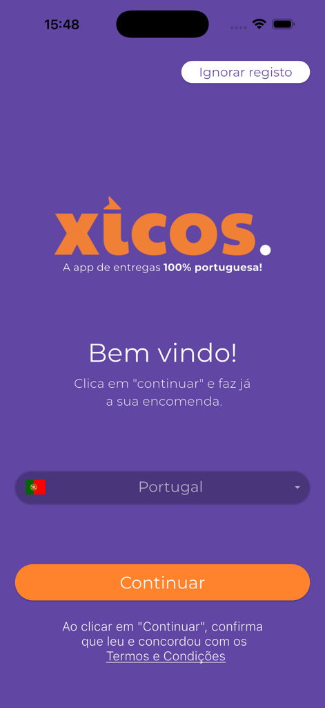 Xicos - Welcome screen of the Xicos food delivery app showing the logo and a continue button on a purple background.