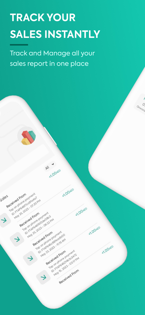 Screenshot der Foloosi Business App, der eine Liste von Verkaufstransaktionen und eine sofortige Verfolgung des Umsatzes anzeigt.