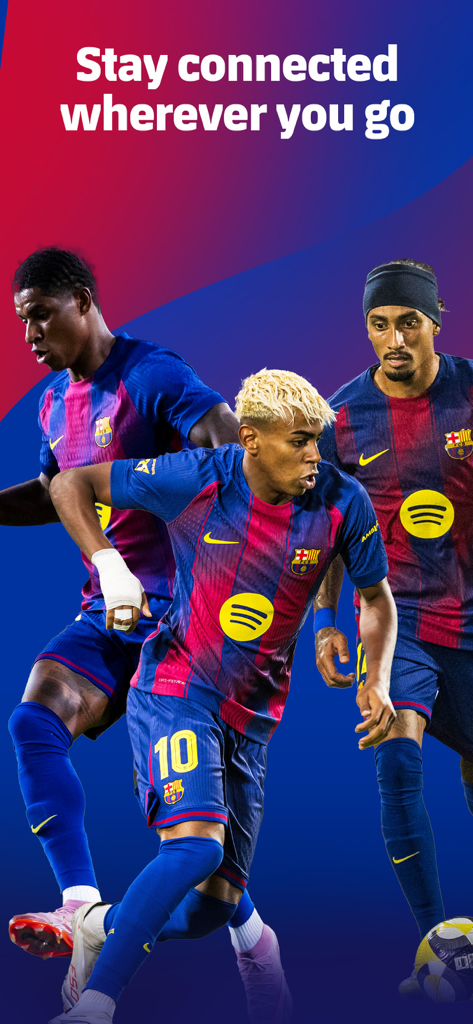 Barça Mobile - Travel eSIM - Tres jugadores del FC Barcelona con la equipación del equipo y el texto Mantente conectado dondequiera que vayas