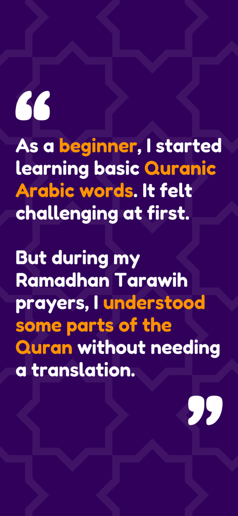 Think Quran - A user testimonial for Think Quran describing the ability to understand Arabic prayers without needing a translation