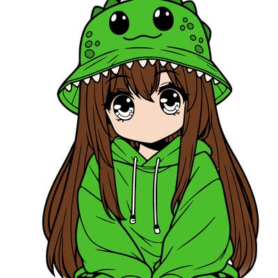 girl with anime shaped eyes with a dinosaur bucket hat oversized sweatshirt long straight hair