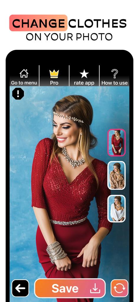 AI Dress App-Try on Clothes - Interface of the AI Dress App showing a woman virtually trying on a red dress with multiple outfit options in thumbnails