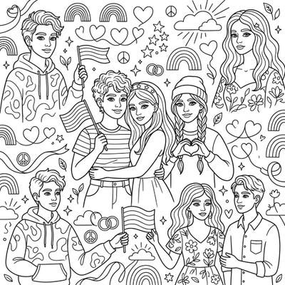 Embrace the spirit of Pride with this inspiring coloring page featuring diverse individuals in a beautiful minimalist line art style. Perfect for celebrating love, acceptance, and community through creative expression.