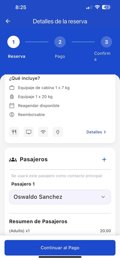 Booking details screen in the Galaxy Wave App displaying luggage options and passenger selection for ferry travel.