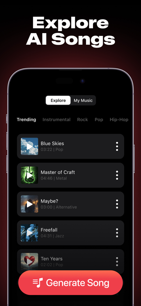 Donna AI Music Song Generator - Donna AI Music app explore screen showing trending songs and music genres