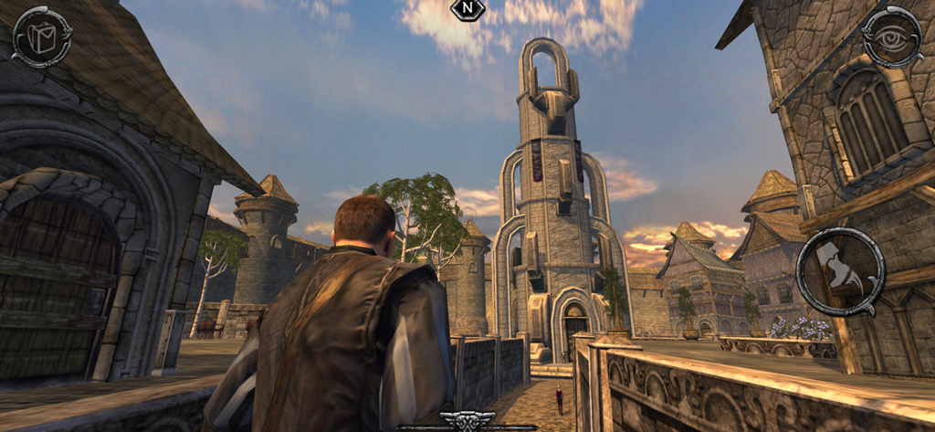 Ravensword: Shadowlands - Third person gameplay view of a character exploring a medieval town with a large stone tower in Ravensword Shadowlands.