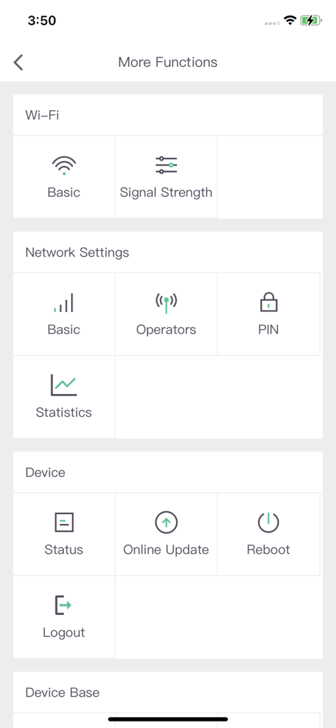 Wefast - Wefastアプリのインターフェース。Wi-Fi、ネットワーク、デバイス管理などのさまざまな設定カテゴリが表示されています。