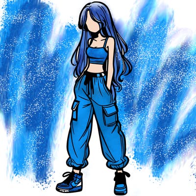 girl in baggy pants crop top and long hair