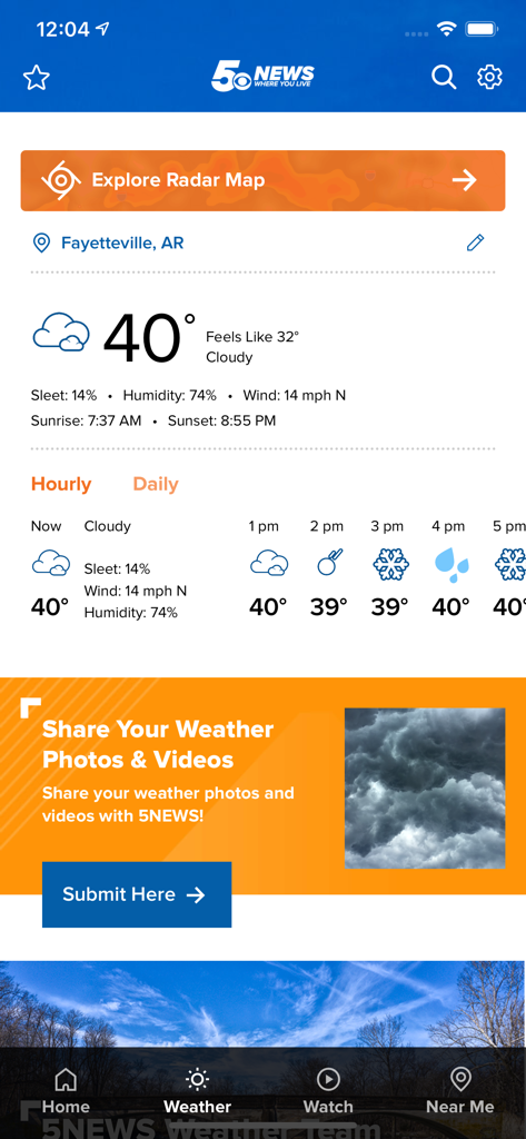 Weather forecast screen for Fayetteville Arkansas in the 5NEWS app showing hourly updates and local radar