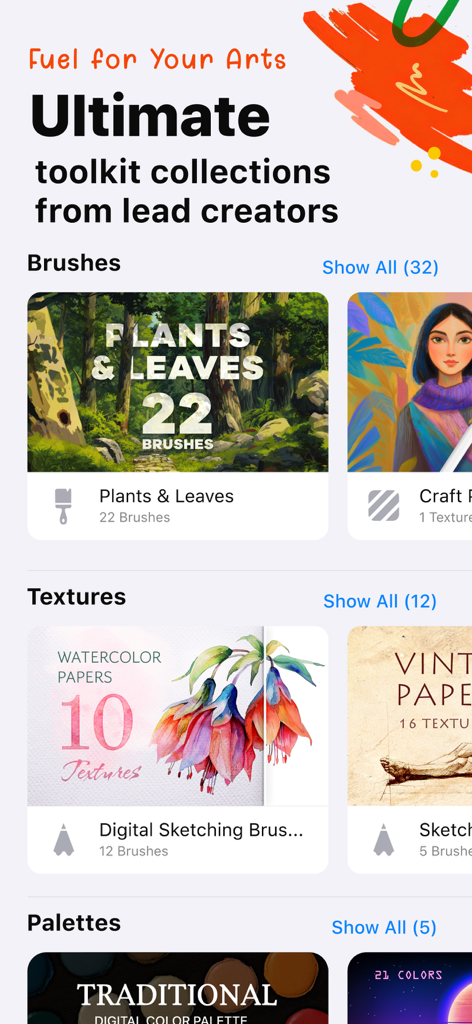 Brushes for Procreate & Tools - Procreateブラシ、テクスチャ、カラーパレットの厳選されたコレクションを示すモバイルアプリインターフェイス。
