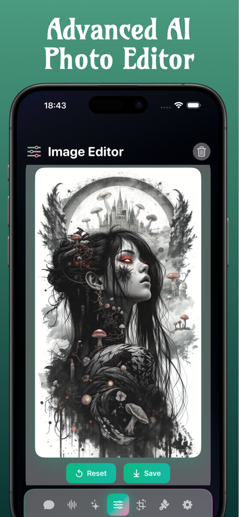 Aplicación IA Perchance mostrando la interfaz del editor de fotos avanzado con una ilustración creativa.