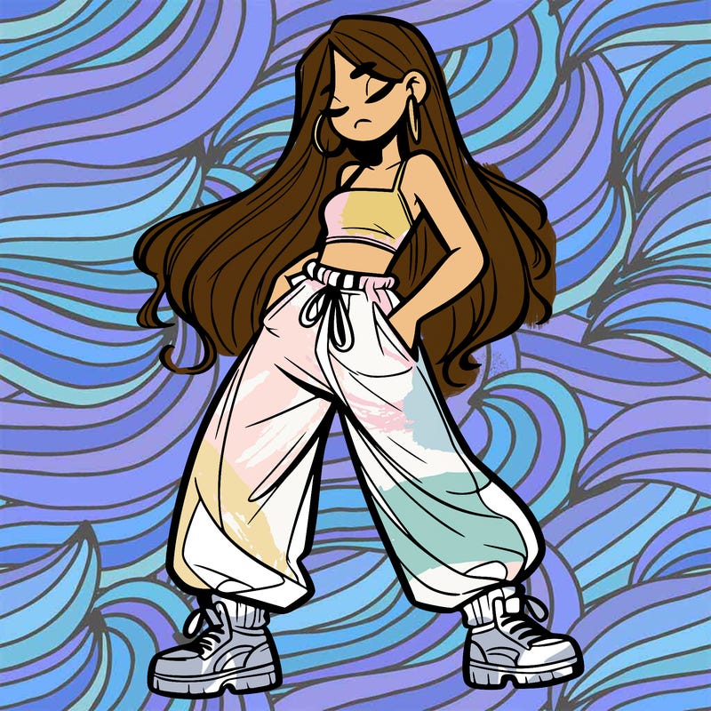 girl in baggy pants crop top and long hair