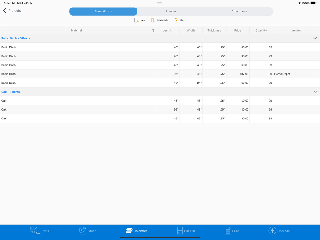 Inventory screen in the Offcuts iPad app showing a table of sheet goods including Baltic Birch and Oak with dimensions and prices