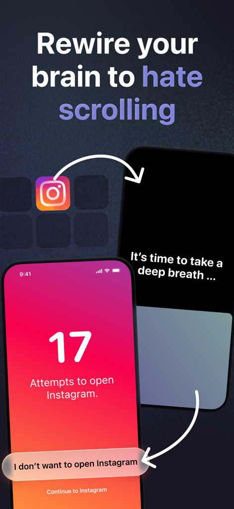 one sec | screen time + focus - Screenshot of one sec app showing a mindful breathing prompt and a screen tracking seventeen attempts to open Instagram