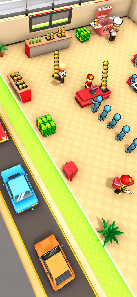 Top down view of a busy burger restaurant management simulation with a drive thru and customers