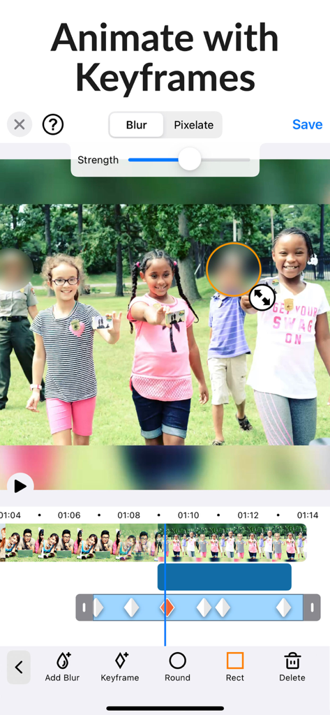 Blur-Video - Video editing interface showing how to blur faces with keyframe animation