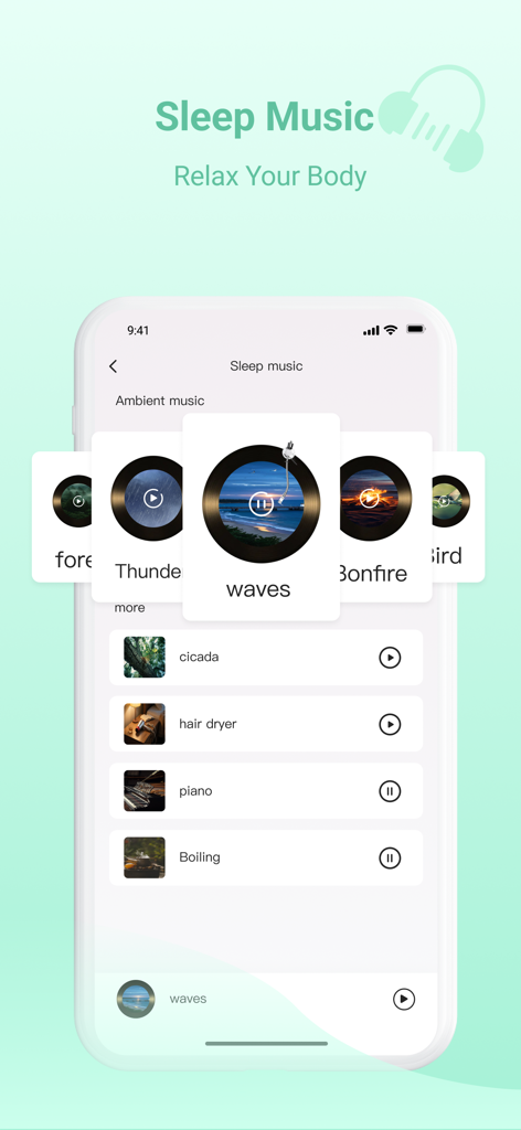 Heart Guardian-Pulse Monitor - Heart Guardian app interface showing the sleep music feature with relaxing ambient sound options like waves and piano.