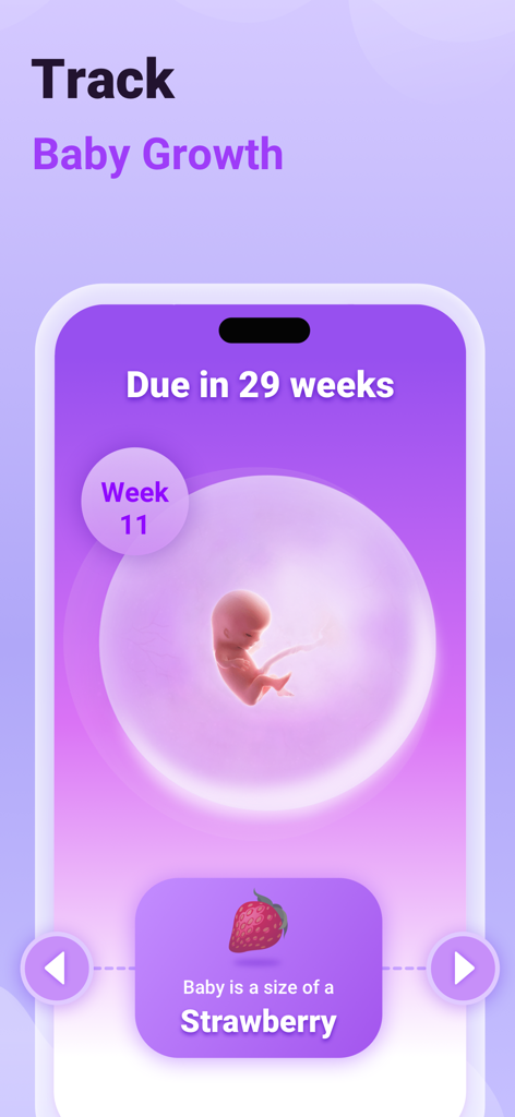 Premom Ovulation Tracker - Premom app screen showing baby growth at week eleven with a strawberry size comparison