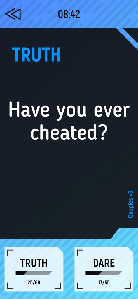 Interface of the Truth or Dare Freaky Games app showing a truth question for couples