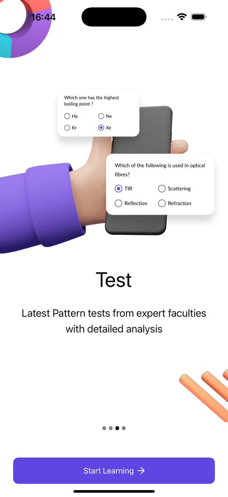 eSaral Infinity app test feature showing multiple choice physics and chemistry questions on a mobile interface