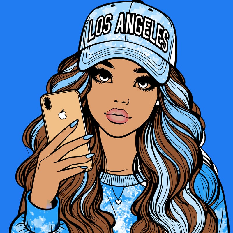realistic beautiful girl wearing los ángeles cap holding an iphone
