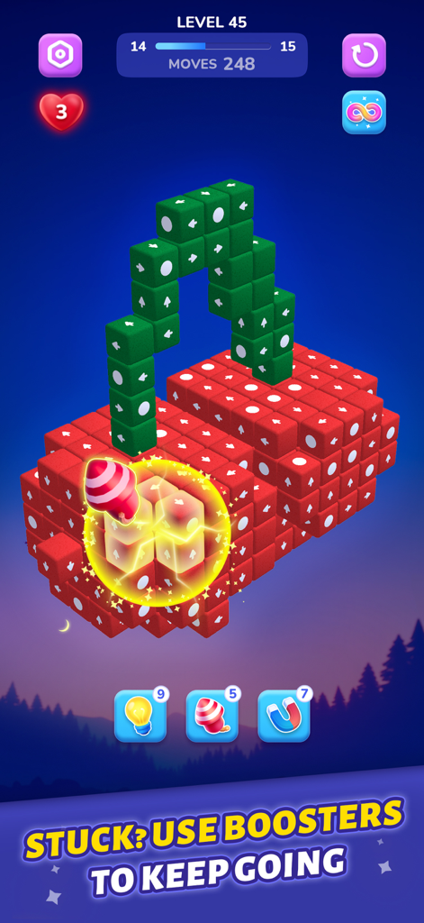 Block Away - Tap Out Puzzle - Gameplay de Block Away Tap Out Puzzle montrant un booster fusée effaçant des blocs 3D