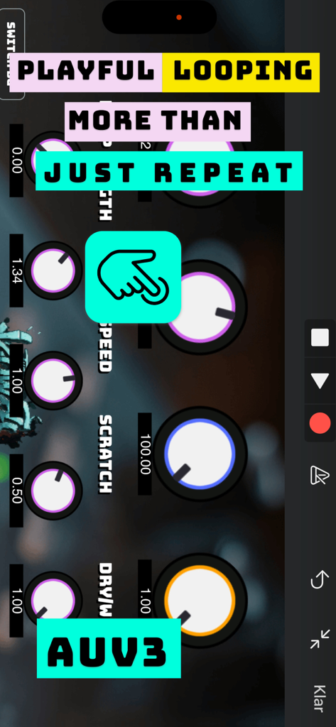 Lowfi Dojo DJ Looper AUv3 - Interfaz de usuario de Lowfi Dojo DJ Looper mostrando perillas de control de audio y la etiqueta AUV3