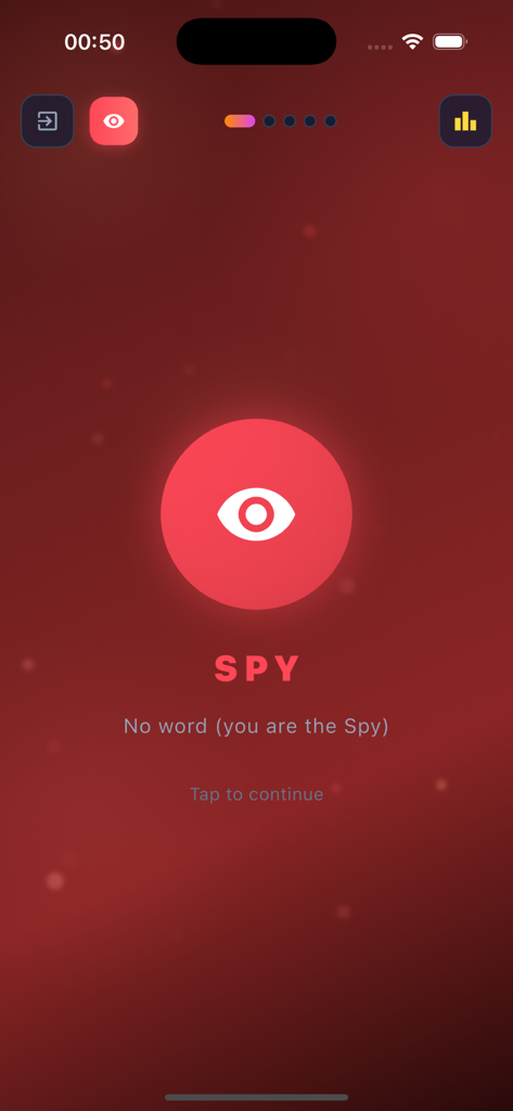 Mobile game screen showing the assigned role as Spy in Undercover Mr White app.