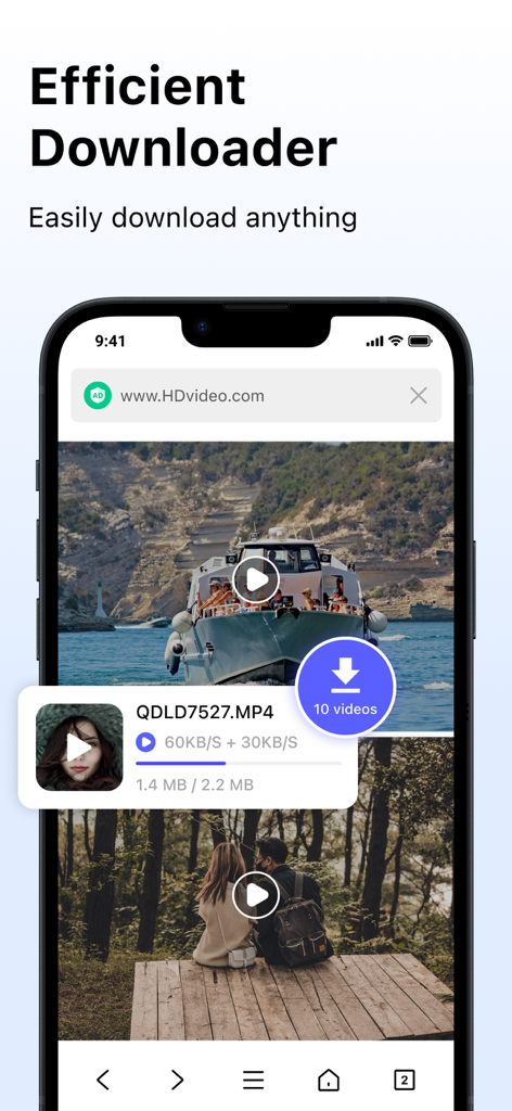 Phoenix - Fast & Safe Browser - Phoenix Browserのインターフェース。プログレスバーと複数のビデオダウンロードオプションを備えた効率的なビデオダウンローダー機能が表示されています。