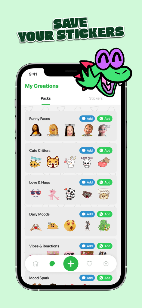 Interface of the Sticker Maker app showing a library of custom sticker packs organized by categories like Funny Faces and Cute Critters with export buttons for iMessage and WhatsApp
