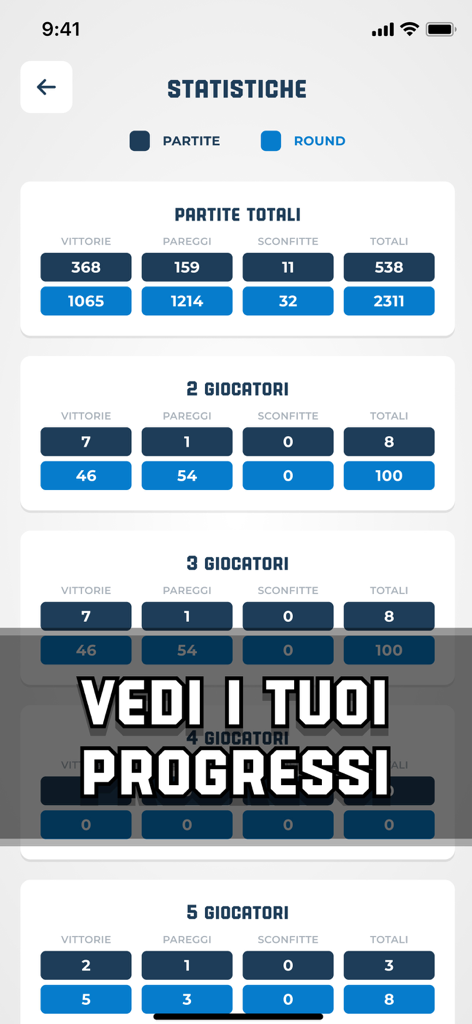 Player statistics screen in Briscola SUPER showing game wins and progress across various player modes