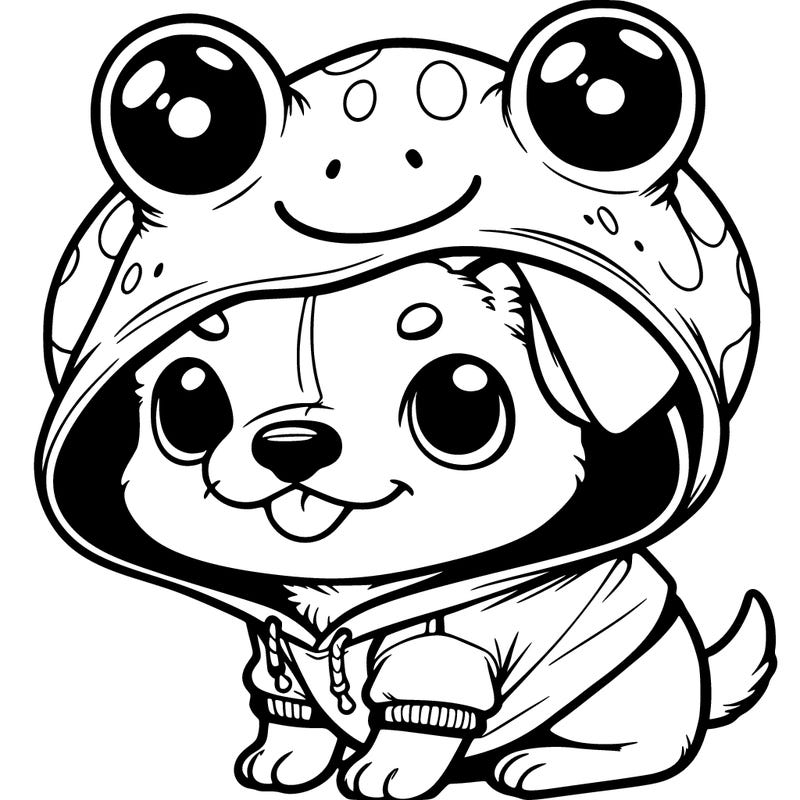 a dog in a frog hoodie