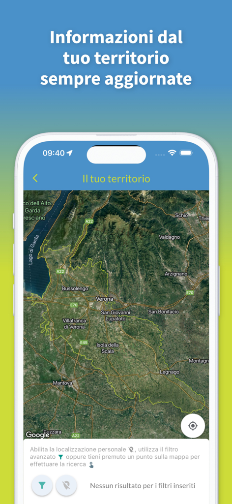 Kartenoberfläche der Consorzio di Bonifica Veronese App, die das Gebiet von Verona zeigt