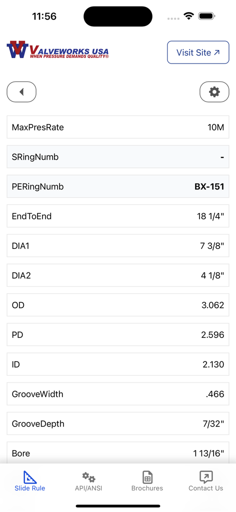 Technical flange measurements and pressure ratings displayed in the Virtual Flange Slide Rule app interface