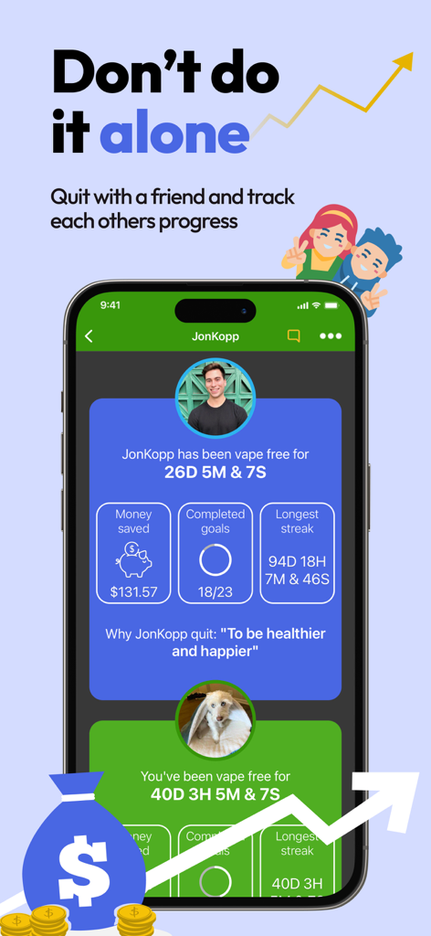 Quit Vaping - Ecrã da app Deixe o Vaping mostrando o rastreador de progresso do sistema de duplas com dias sem vape e dinheiro poupado.