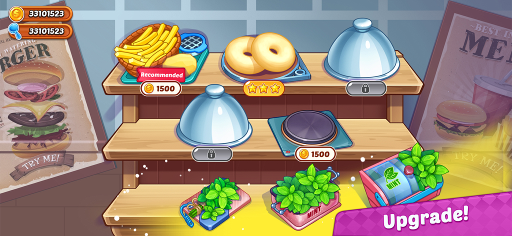 Pantalla de mejoras en My Cafe Shop mostrando varios equipos de cocina e ingredientes de comida disponibles para comprar con monedas