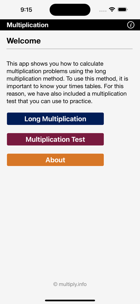 Pantalla de bienvenida de la aplicación Calculadora de Multiplicación Larga que muestra botones de menú para Multiplicación Larga, Prueba de Multiplicación y Acerca de