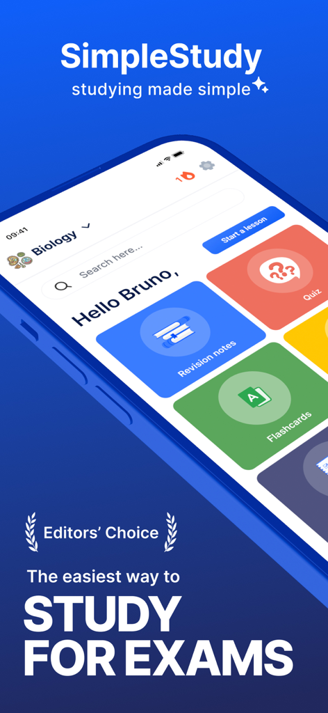SimpleStudy: Exams & Revision - SimpleStudy mobile app interface showing options for biology revision notes, quizzes, and flashcards.