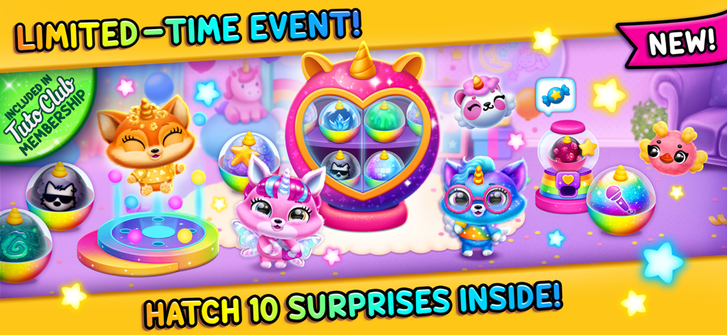 Promotional banner for Fluvsies limited time event showing cute colorful pets and surprise eggs to hatch