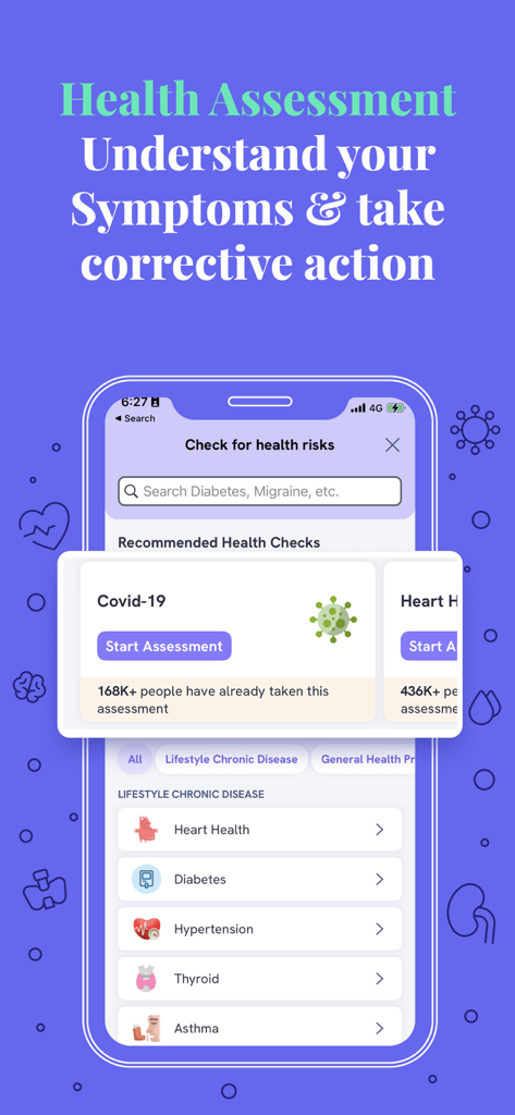 Gesundheitsbewertungs-Benutzeroberfläche der Eka Care Mobile App zur Überprüfung von medizinischen Risiken und Symptomen