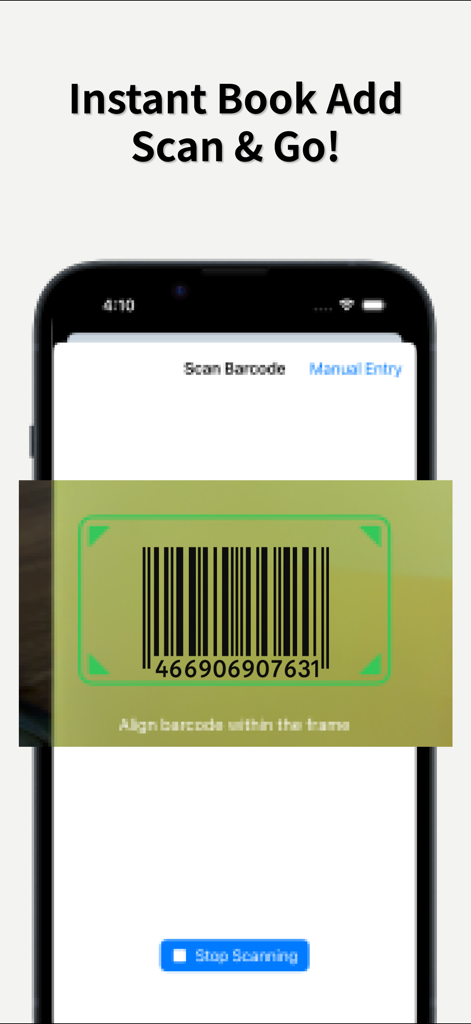 Read Progre ss: Book Journal - Interface do aplicativo Read Progre ss mostrando o recurso de scanner de código de barras usado para adicionar instantaneamente livros a uma biblioteca pessoal.