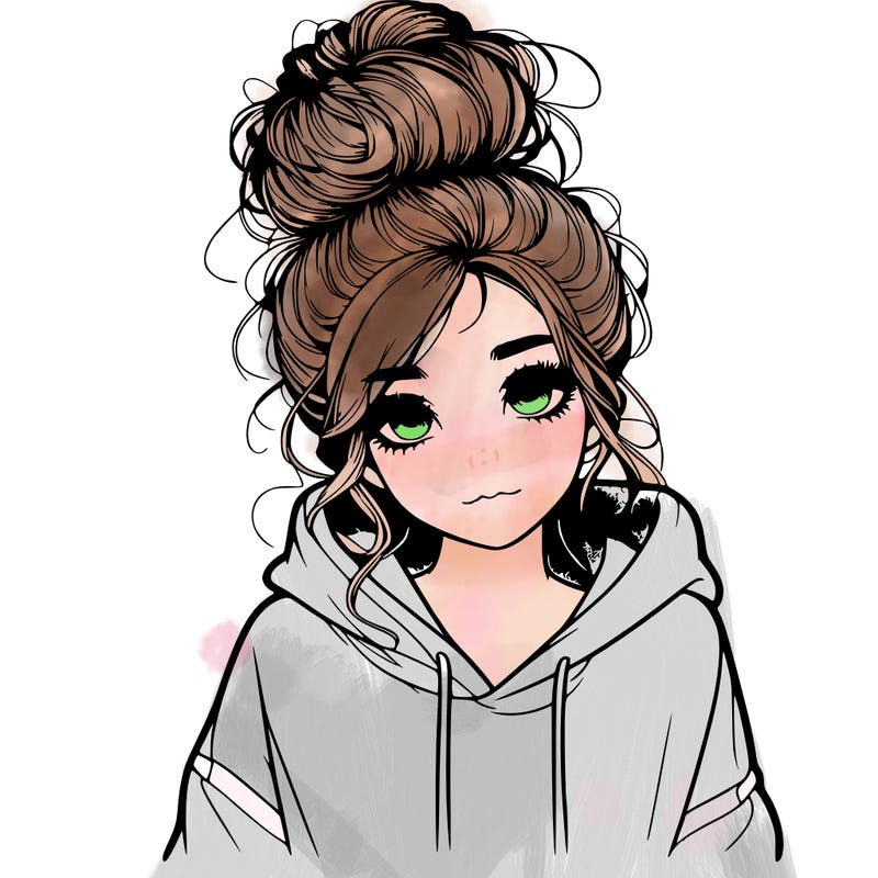 realistic girl with a massy bun and a hoodie