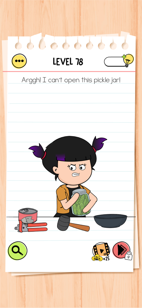A character in Brain Test 4 attempting to open a jar of pickles on level 78.